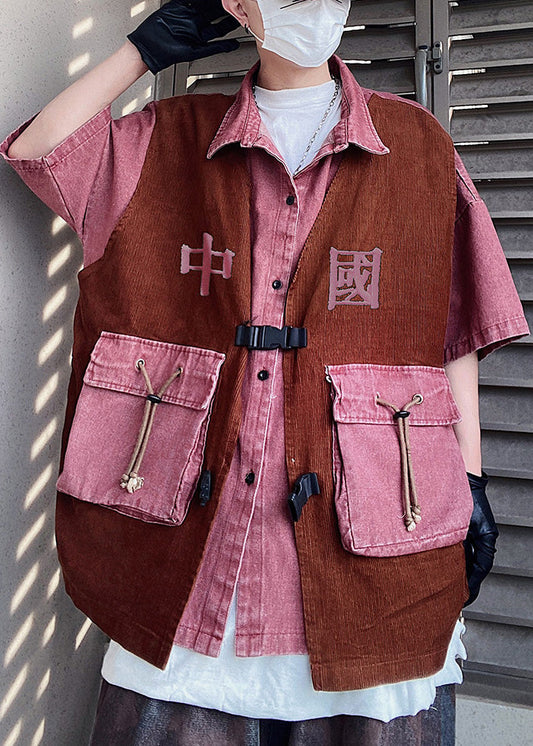 Sleeve False Half Pieces Pink Men Two Shirts Oversized Patchwork Vintage