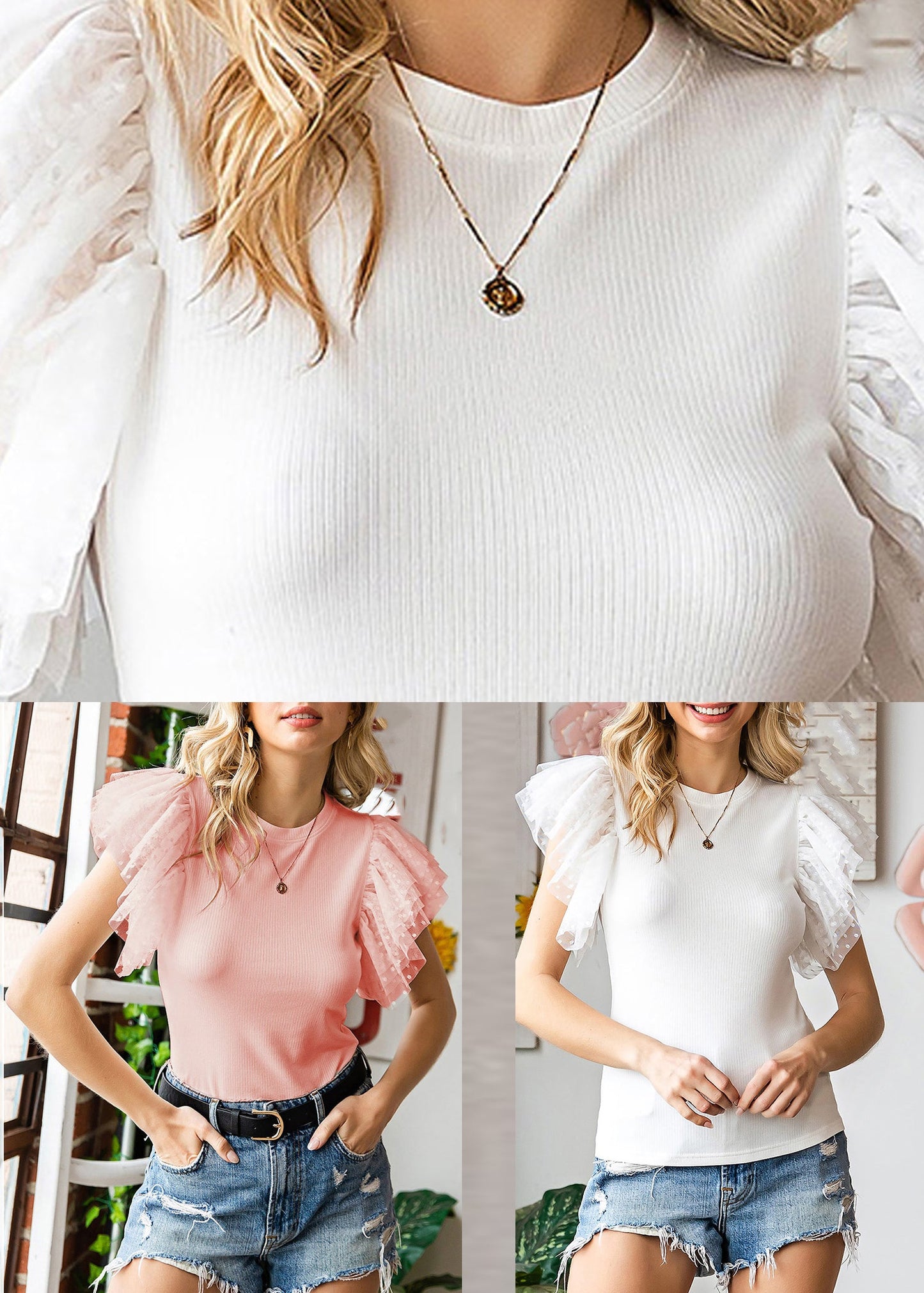 Flare White O-Neck Solid Knit Sleeve Top