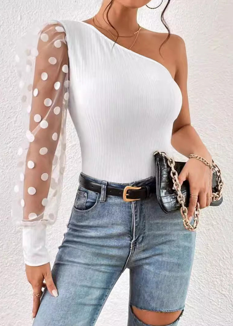 Black 2025 Sleeved Single Patchwork Top Shoulder Women