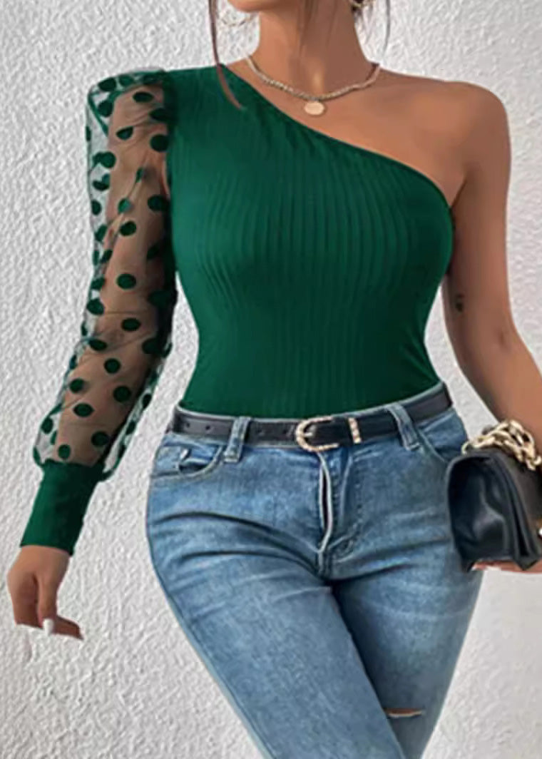 Black 2025 Sleeved Single Patchwork Top Shoulder Women