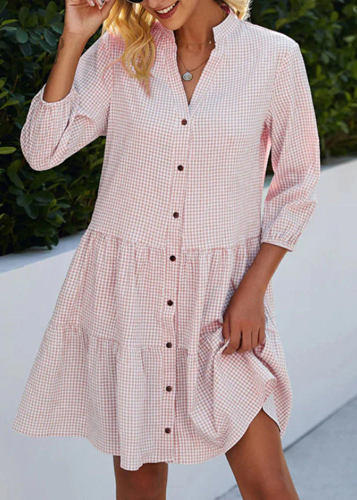 Mid Blue Fall Women Stand Collar Shirts Dress Button Plaid
