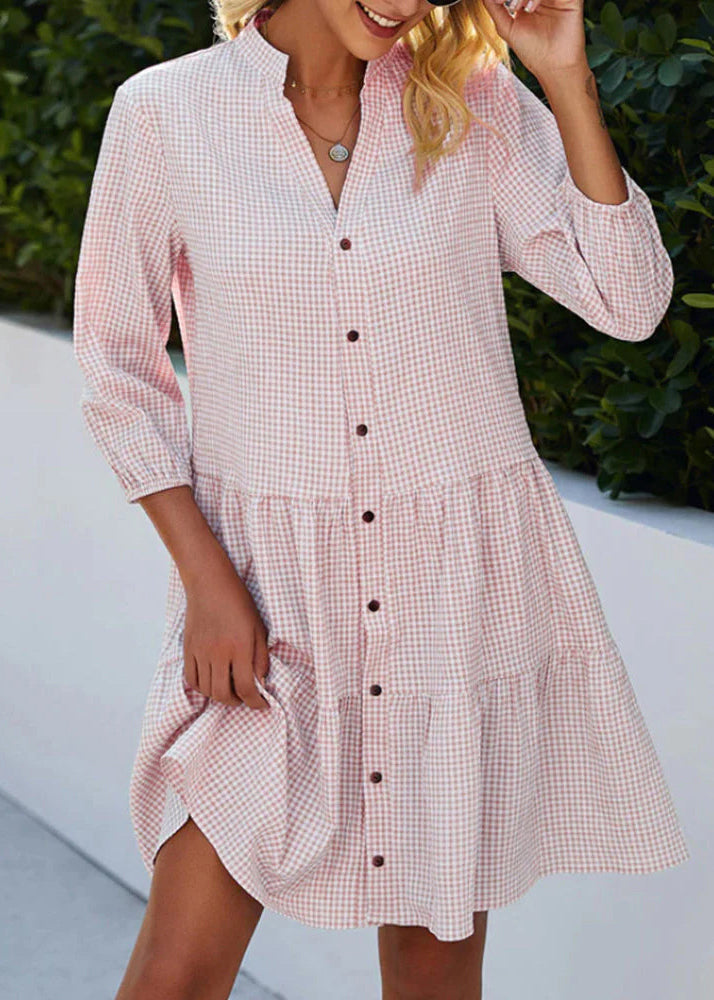 Mid Blue Fall Women Stand Collar Shirts Dress Button Plaid