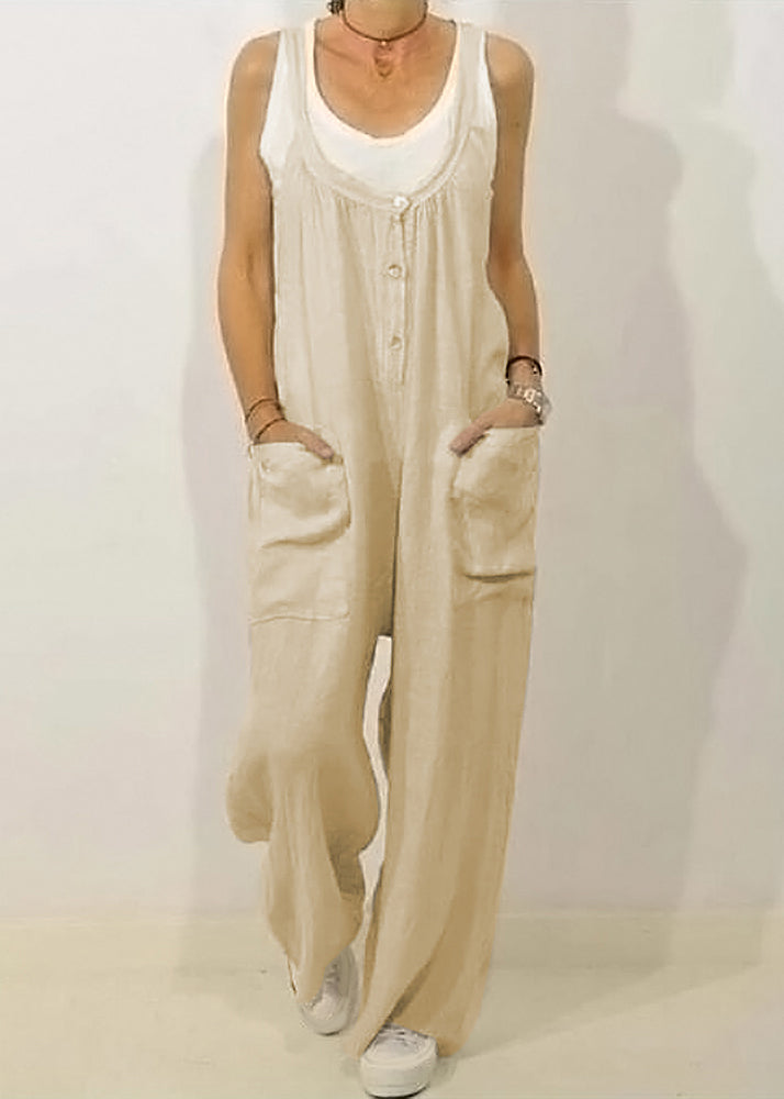 Khaki Solid O-Neck Women Jumpsuits Button Sleeveless