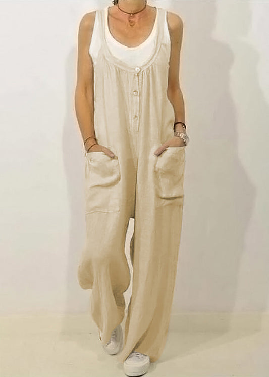 Khaki Solid O-Neck Women Jumpsuits Button Sleeveless