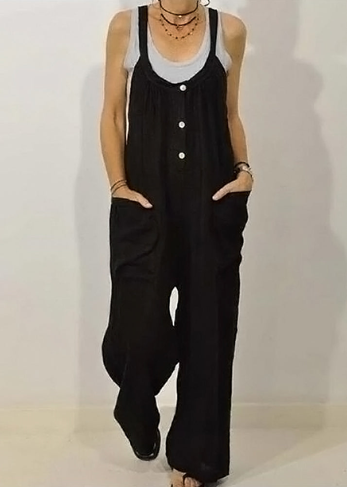 Khaki Solid O-Neck Women Jumpsuits Button Sleeveless