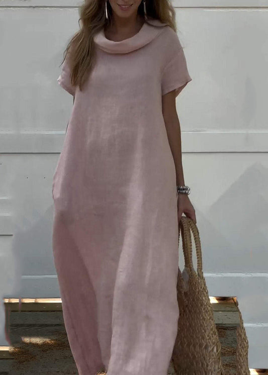 Women Pink Long Patchwork Turtle Dresses Neck Solid Vacation