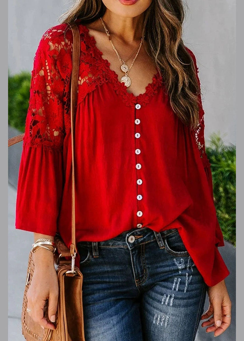 Patchwork Women Fall Red Top Solid Lace