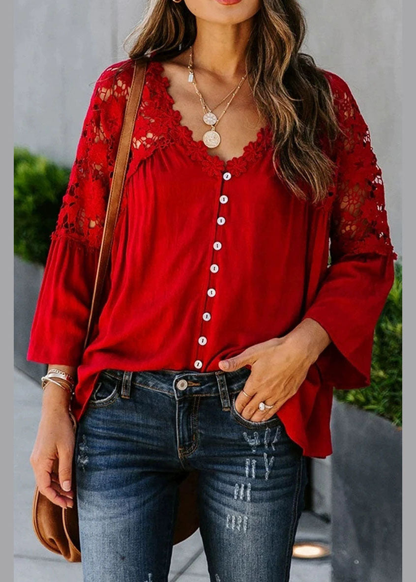 Patchwork Women Fall Red Top Solid Lace
