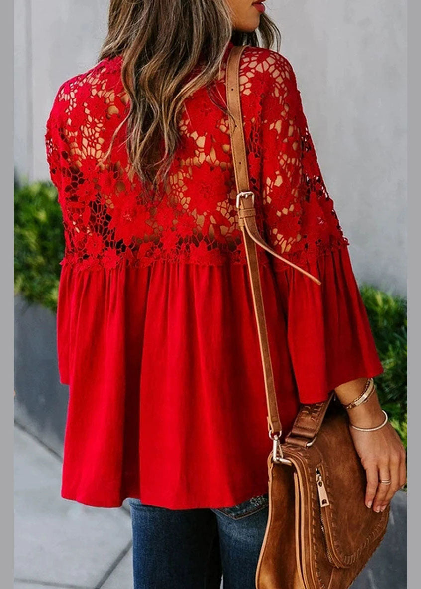 Patchwork Women Fall Red Top Solid Lace