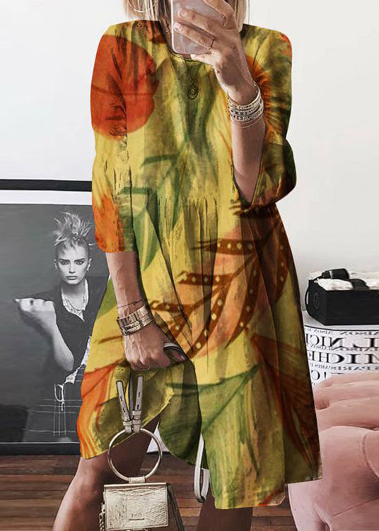 Yellow Summer Dress O Neck Women Print Cotton Mid