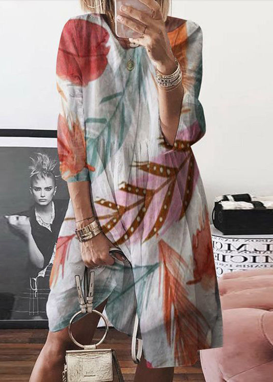 Yellow Summer Dress O Neck Women Print Cotton Mid