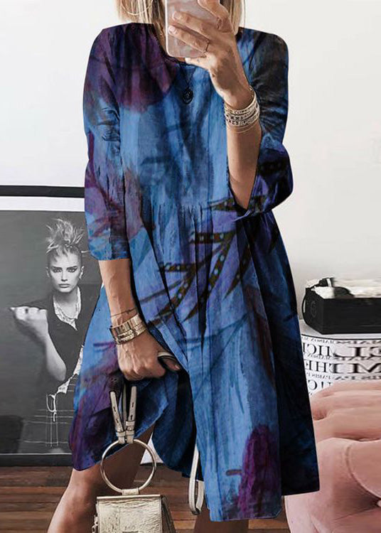 Yellow Summer Dress O Neck Women Print Cotton Mid