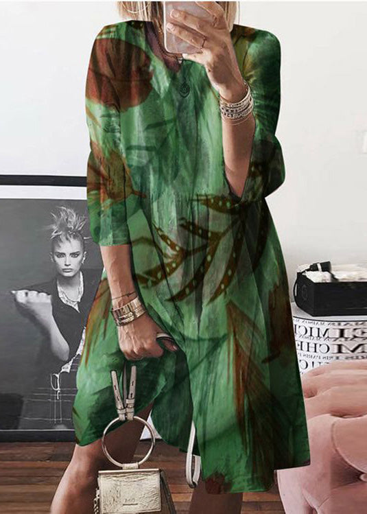 Yellow Summer Dress O Neck Women Print Cotton Mid