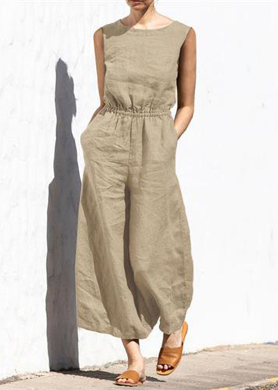 High Color Womens Slim Jumpsuit Khaki Fashion Casual Sleeveless