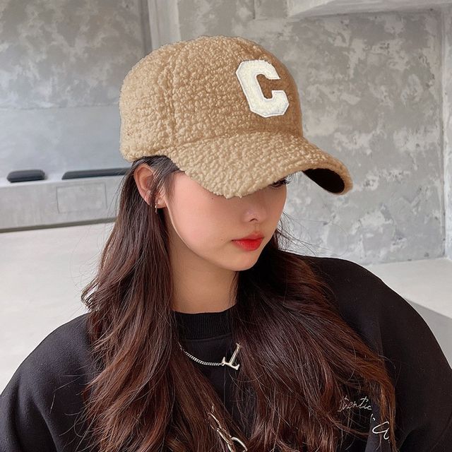 Lettering Applique Faux Shearling Baseball Cap
