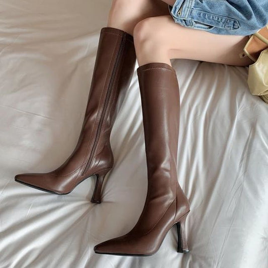 Heel Pointy-Toe Tall Boots Chunky