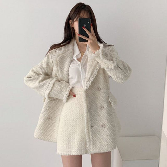 Fringed Trim Tweed Blazer / A-Line Skirt