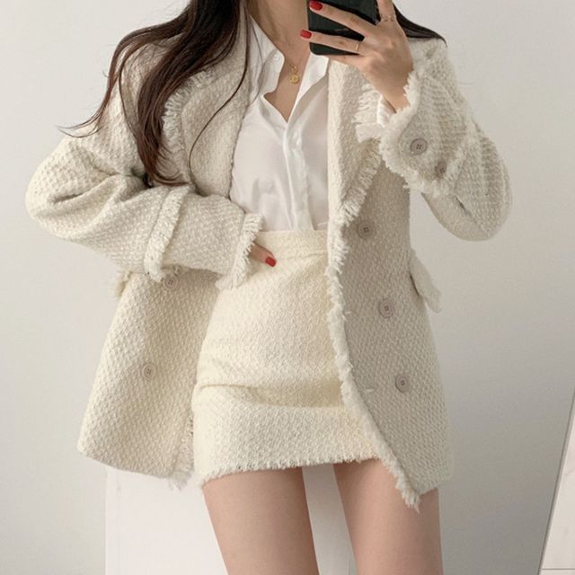 Fringed Trim Tweed Blazer / A-Line Skirt