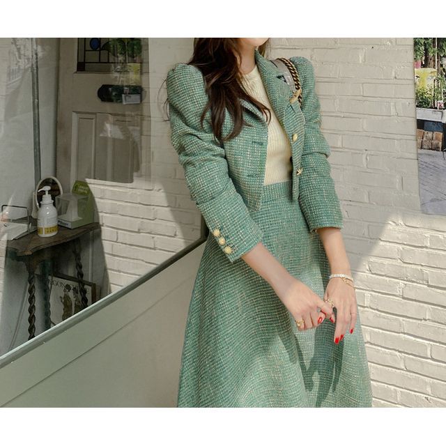 Set: Tweed Cropped Blazer + Midi A-Line Skirt