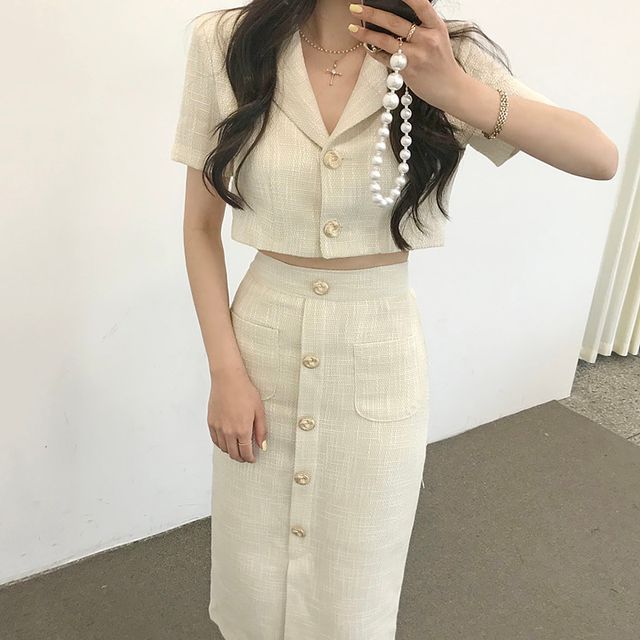 Short-Sleeve Tweed Cropped Blazer / Midi Pencil Skirt