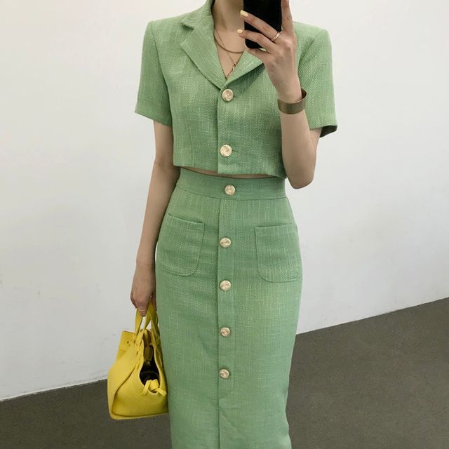 Short-Sleeve Tweed Cropped Blazer / Midi Pencil Skirt