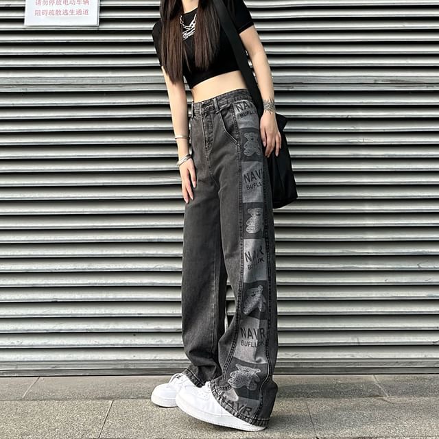 Baggy Graphic Waist Print High Jeans