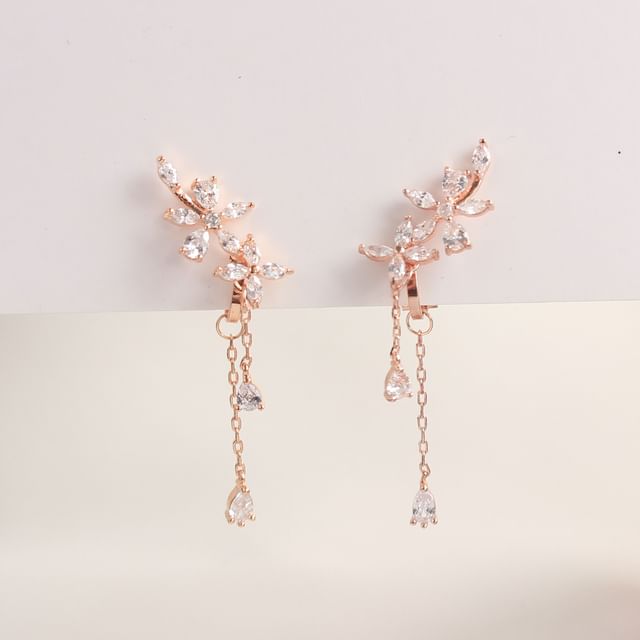 Floral Clip-On Rhinestone Earrings Stud /