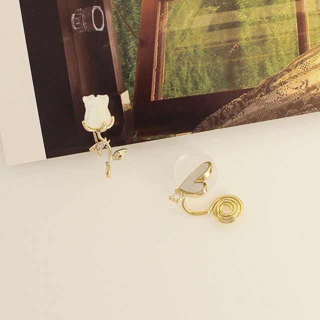Earring Flower Shell Heart Asymmetrical Alloy