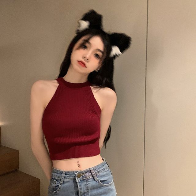 Tank Halter Knit Top Crop