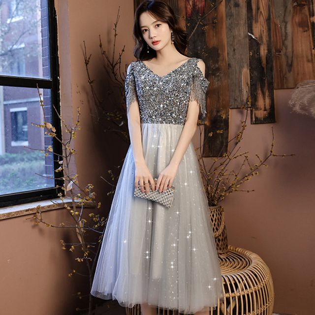 Maxi Cold Dress Prom Shoulder Sequin