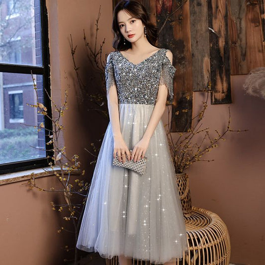 Maxi Cold Dress Prom Shoulder Sequin