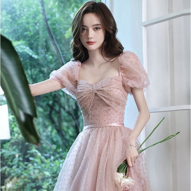 Dotted Puff-Sleeve Prom A-Line Dress