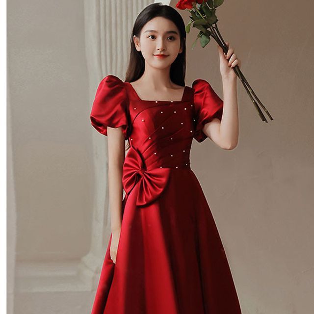 Designs) A-Line (Various Puff-Sleeve Embellished Dress Bow Prom
