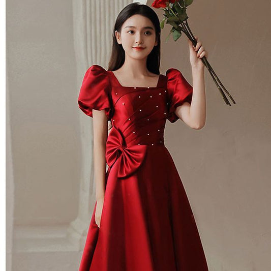 Designs) A-Line (Various Puff-Sleeve Embellished Dress Bow Prom