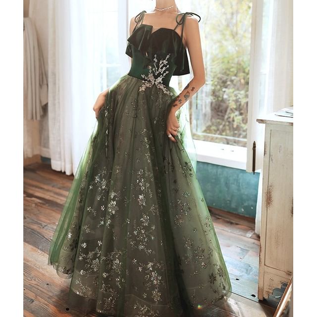 Sequin Midi A-Line Evening Gown with Spaghetti Straps