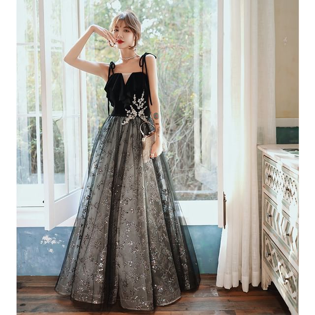 Sequin Midi A-Line Evening Gown with Spaghetti Straps