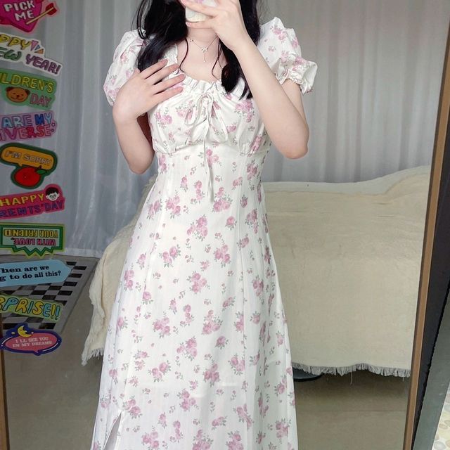 Short-Sleeve Floral Midi A-Line Dress