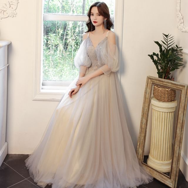 Shoulder 3/4-Sleeve A-Line Rhinestone Gown Cold Floral Evening