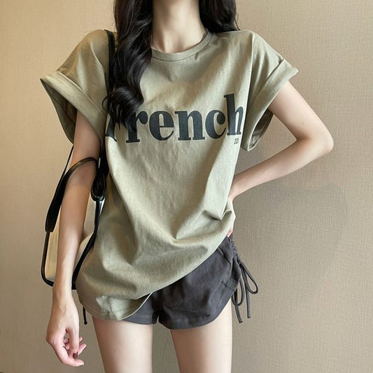 Long Round T-Shirt Lettering Cap-Sleeve Neck