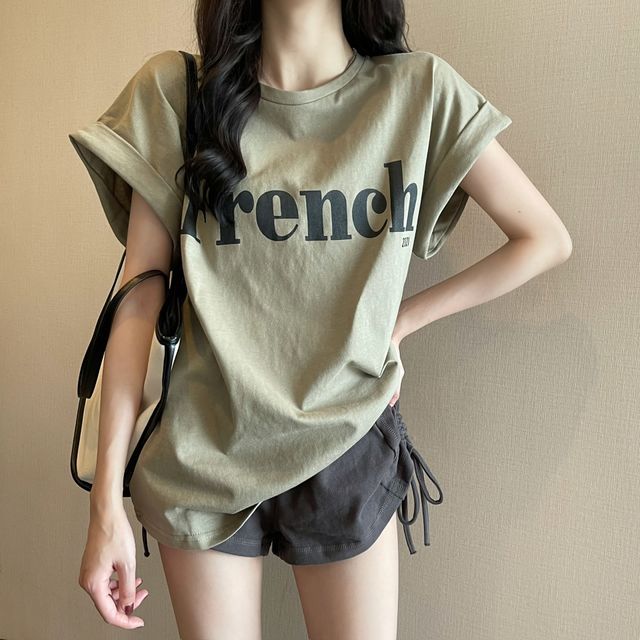 Long Round T-Shirt Lettering Cap-Sleeve Neck