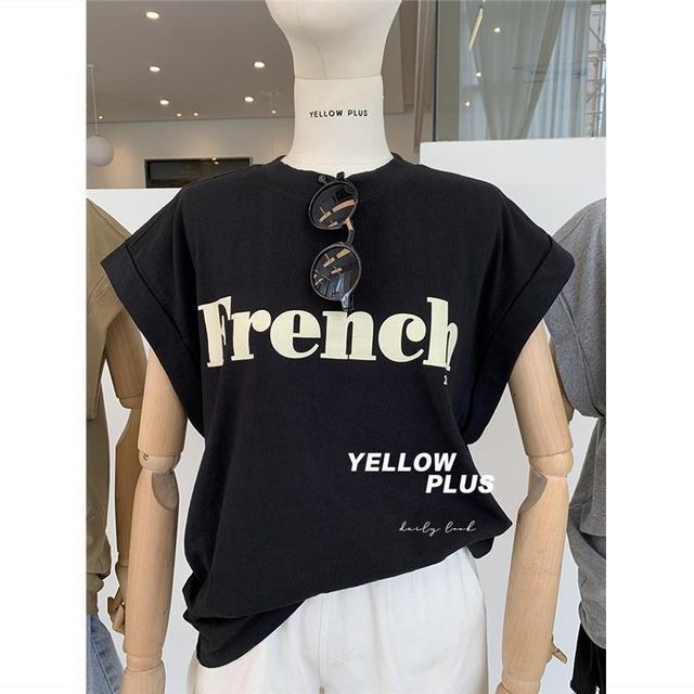Long Round T-Shirt Lettering Cap-Sleeve Neck