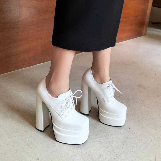 Plain Platform Chunky-Heel Lace-Up Shoes