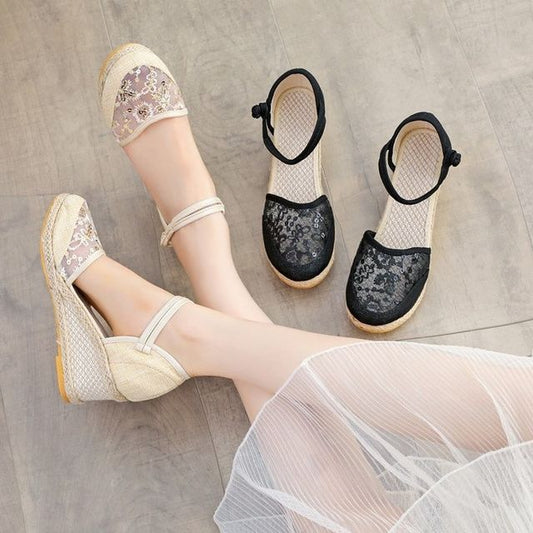 Flower Sandals Wedge Embroidered