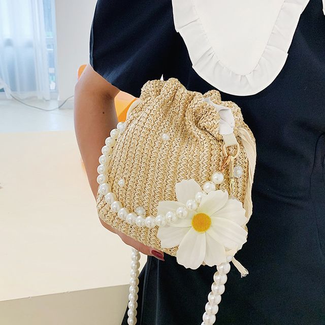 Woven Bucket Bag Pearl Faux Strap
