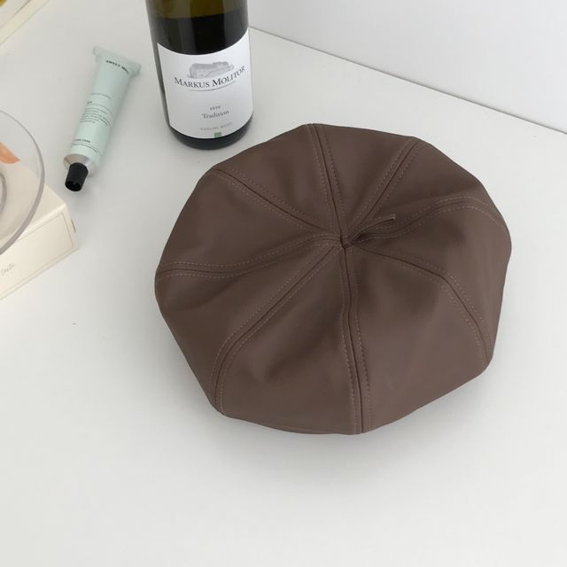Leather Hat Beret Plain Faux