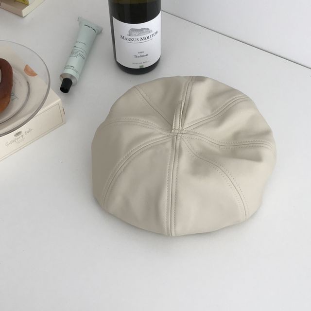 Leather Hat Beret Plain Faux