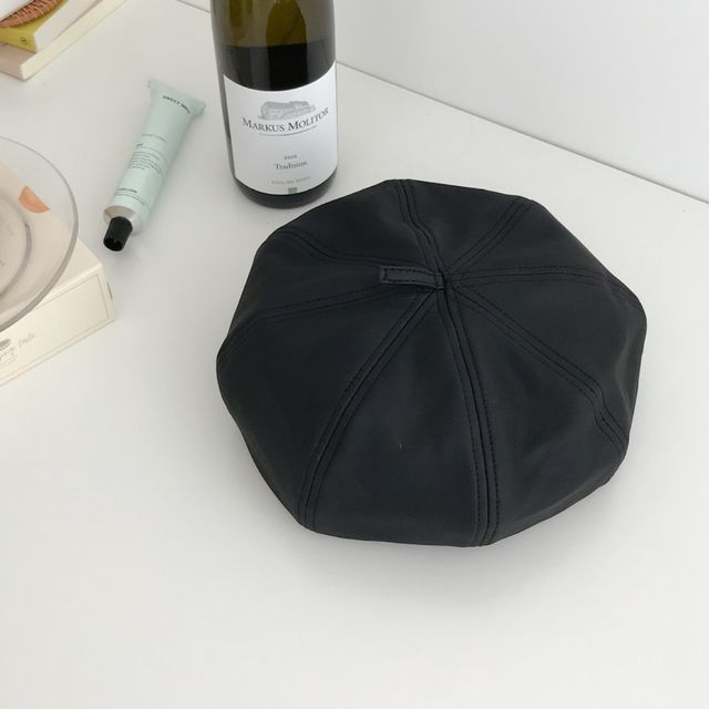 Leather Hat Beret Plain Faux