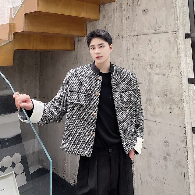 Stand Collar Tweed Single-Breasted Jacket