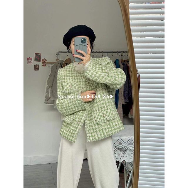 Crew Neck Tweed Button Jacket