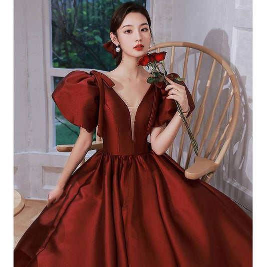 Mesh Gown Evening A-Line Plain Puff-Sleeve Panel